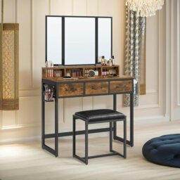 Rackhams 3 Drawer Dressing Table With Mirror And Stool Rustic Brown - thumbnail 1
