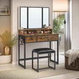 Rackhams 3 Drawer Dressing Table With Mirror And Stool Rustic Brown - thumbnail 2