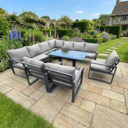 Rackhams 9 Seater Aluminum Outdoor Garden Furniture Set with Corner Sofa, 3 Arm Chairs & Adjustable Rising Dining Table - Dark Grey