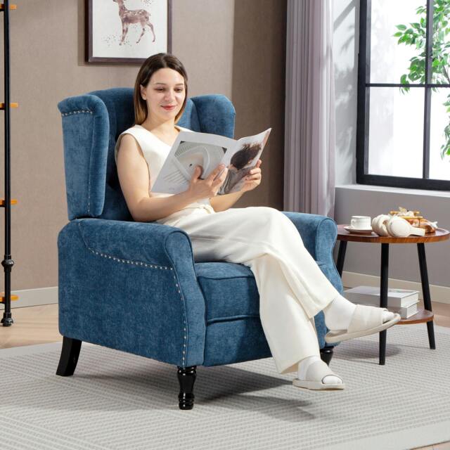 Rackhams Manual Reclining Armchair Recliner with Footrest Royal Blue - 4 solid wood legs - Royal blue - Linen look polyester - image 1