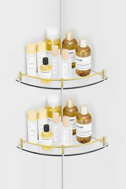 Rackhams 2Pcs Bathroom Glass Corner Shelf Wall Mounted Storage Rack - Gold - image 1