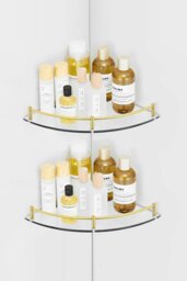 Rackhams 2Pcs Bathroom Glass Corner Shelf Wall Mounted Storage Rack - Gold