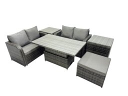 Rackhams 5 seater Patio Height Adjustable Rising Lifting Table Sofa Sets Rattan Garden Furniture Dining Set with Big Stool 2 Side Tables Dark Grey Mixed - thumbnail 2