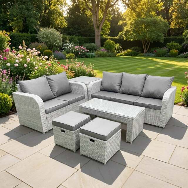 Rackhams 7 Seater Rattan Garden Furniture Set with Coffee Table, 3 Seater Sofa, Love Sofa, 2 Stools & Side Table - Light Grey - image 1