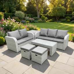 Rackhams 7 Seater Rattan Garden Furniture Set with Coffee Table, 3 Seater Sofa, Love Sofa, 2 Stools & Side Table - Light Grey - thumbnail 1
