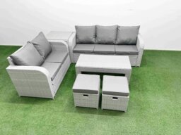 Rackhams 7 Seater Rattan Garden Furniture Set with Coffee Table, 3 Seater Sofa, Love Sofa, 2 Stools & Side Table - Light Grey - thumbnail 2