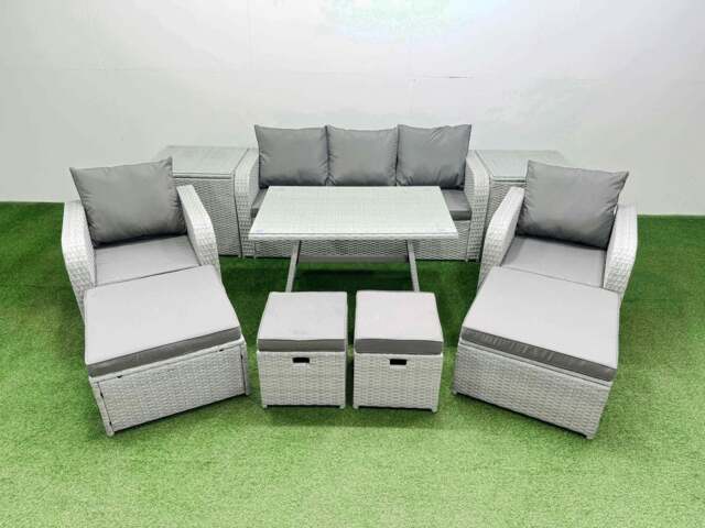 Rackhams Rattan Garden Furniture Dining Set 9 seater Patio Rectangular Table Sofa Set with 2 Side Tables 4 Stools Light Grey - image 1