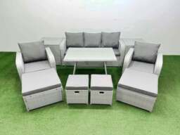 Rackhams Rattan Garden Furniture Dining Set 9 seater Patio Rectangular Table Sofa Set with 2 Side Tables 4 Stools Light Grey - thumbnail 1
