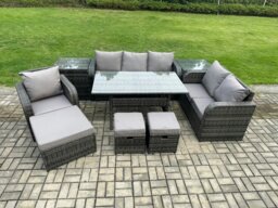 Rackhams 9 Piece Garden Rattan Furniture Dining Table Sofa Set Indoor Outdoor with Reclining Chairs 2 Side Tables 3 Footstools Dark Grey Mixed - thumbnail 1