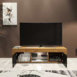 Rackhams 130cm Oak TV Unit Cabinet with Black Matt Doors and Free LED Lights - 130 - 1 -  MDF/Chipboard - thumbnail 3