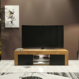 Rackhams 130cm Oak TV Unit Cabinet with Black Matt Doors and Free LED Lights - 130 - 1 -  MDF/Chipboard