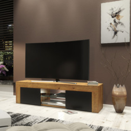 Rackhams 130cm Oak TV Unit Cabinet with Black Matt Doors and Free LED Lights - 130 - 1 -  MDF/Chipboard - thumbnail 2