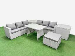 Rackhams Rattan Garden Furniture Dining Set 7 seater Patio Rectangular Table 3 Seater Sofa Set with 2 Side Tables Big Stool Light Grey - thumbnail 1