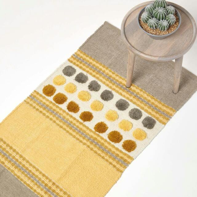 Rackhams Modern Cotton Rug Grey Yellow Chenille Striped Hand Tufted Circles - 66 x 200 cm - image 1