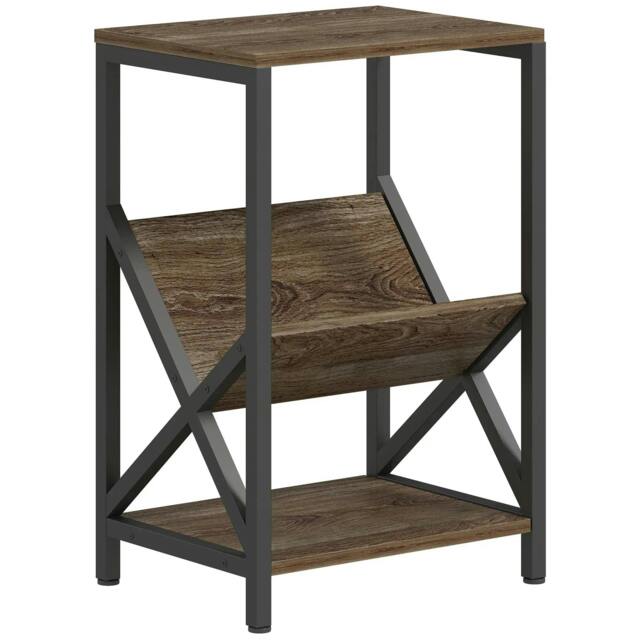 Rackhams Narrow Side Table, End Table with 3-Tier Storage, V-Shaped Magazine Holder for Living Room, Bedroom, 40 x 30 x 61cm, Oak