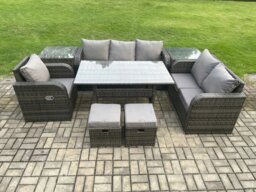 Rackhams 8 Seater Garden Rattan Furniture Dining Table Sofa Set Indoor Outdoor with Reclining Chairs 2 Side Tables 2 Small Footstools Dark Grey Mixed - thumbnail 1