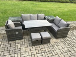Rackhams 8 Seater Garden Rattan Furniture Dining Table Sofa Set Indoor Outdoor with Reclining Chairs 2 Side Tables 2 Small Footstools Dark Grey Mixed - thumbnail 2