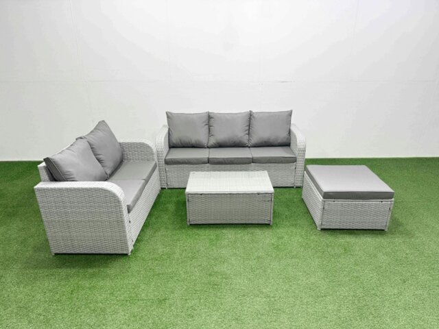 Rackhams 6 Seater PE Rattan Wicker Garden Furniture Patio Conservatory Sofa Set with Rectangular Coffee Table 3 Seater Sofa Love Sofa Big Footstool - image 1