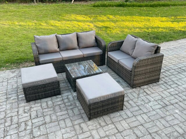 Rackhams PE Rattan Garden Furniture Sets 7 Seater Outdoor Lounge Sofa Set Square Coffee Table 2 Big Footstool - image 1