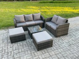 Rackhams PE Rattan Garden Furniture Sets 7 Seater Outdoor Lounge Sofa Set Square Coffee Table 2 Big Footstool - thumbnail 1