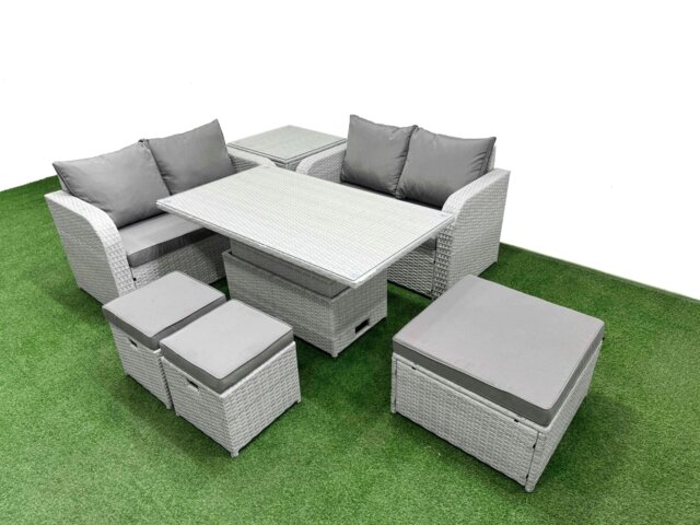 Rackhams 7 Seater Outdoor Love Sofa Set Rattan Garden Furniture Set with Adjustable Lifting Dining or Coffee Table 3 Footstool Side Table Light Grey - image 1