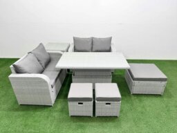 Rackhams 7 Seater Outdoor Love Sofa Set Rattan Garden Furniture Set with Adjustable Lifting Dining or Coffee Table 3 Footstool Side Table Light Grey - thumbnail 2