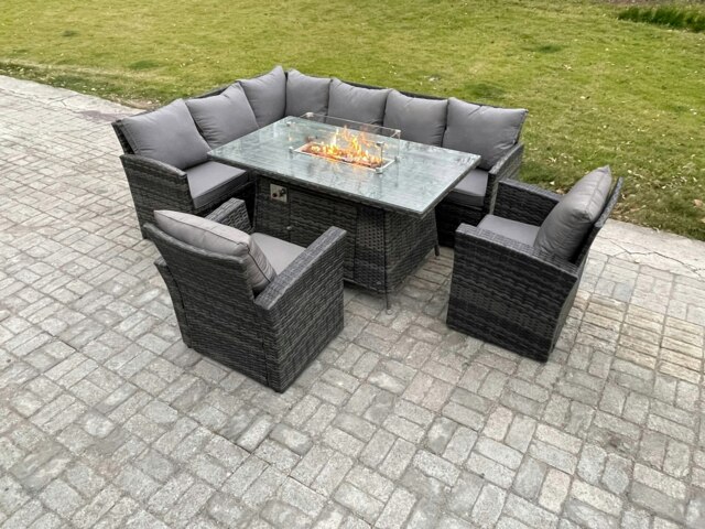 Rackhams Rattan Garden Furniture High Back Corner Sofa Gas Fire Pit Dining Table Sets Gas Heater with 2 Armchairs 8 Seater Dark Grey Mixed - image 1