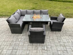 Rackhams Rattan Garden Furniture High Back Corner Sofa Gas Fire Pit Dining Table Sets Gas Heater with 2 Armchairs 8 Seater Dark Grey Mixed - thumbnail 2