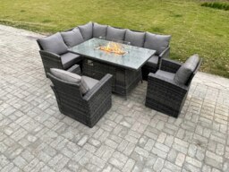 Rackhams Rattan Garden Furniture High Back Corner Sofa Gas Fire Pit Dining Table Sets Gas Heater with 2 Armchairs 8 Seater Dark Grey Mixed - thumbnail 1