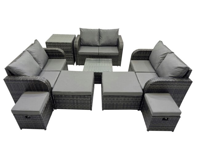 Rackhams Rattan Garden Outdoor Furniture Set Love Sofa Square Coffee Table Set with 4 Stools Side Table Dark Grey Mixed - image 1