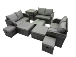 Rackhams Rattan Garden Outdoor Furniture Set Love Sofa Square Coffee Table Set with 4 Stools Side Table Dark Grey Mixed - thumbnail 2
