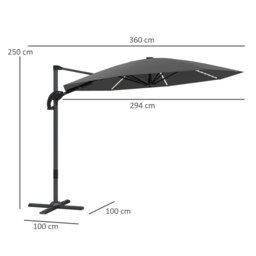 Rackhams 3(m) Garden Parasol w/ Lights, Crank Handle & Cross Base, Dark Grey - Dark Grey - 360 x 294 x 250 cm - thumbnail 6
