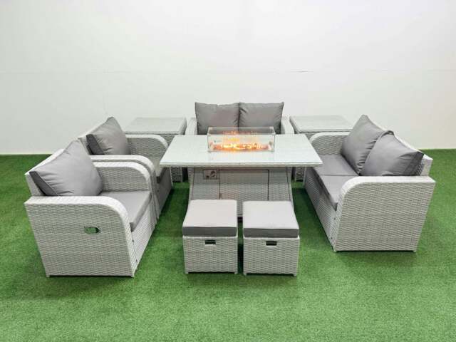 Rackhams 8 Seater Outdoor Reclining Chair Love Sofa Set Rattan Garden Furniture Set with Fire Pit Dining Table 2 Stools 2 Side Table Light Grey - image 1