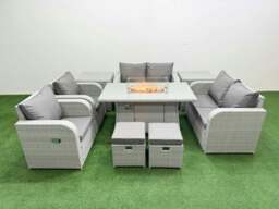 Rackhams 8 Seater Outdoor Reclining Chair Love Sofa Set Rattan Garden Furniture Set with Fire Pit Dining Table 2 Stools 2 Side Table Light Grey - thumbnail 1