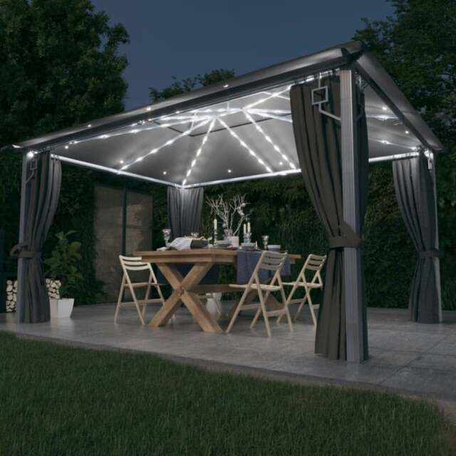Rackhams Gazebo with Curtain&LED String Lights 4x3 m Anthracite Aluminium - Anthracite - Aluminium, steel, oxford fabric with PA coating