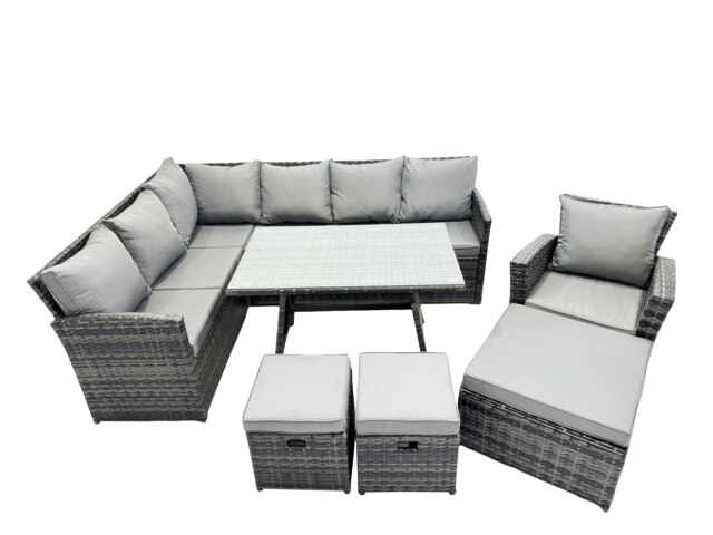 Rackhams 10 Seat Poly Rattan Outdoor Patio Oblong Dining Table Corner Sofa Set with 3 Stool Chair for Garden Backyard Dark Grey Mixed - image 1