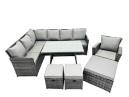 Rackhams 10 Seat Poly Rattan Outdoor Patio Oblong Dining Table Corner Sofa Set with 3 Stool Chair for Garden Backyard Dark Grey Mixed - thumbnail 1
