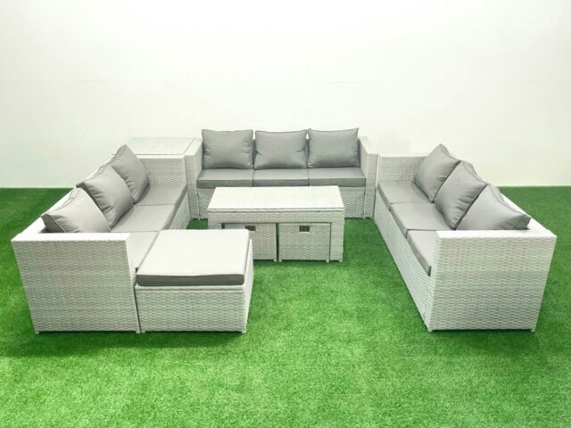 Rackhams Rattan Garden Outdoor Furniture Set 12 Seater Garden Sofa Oblong Coffee Table Set with 3 Footstools Side Table Light Grey Mixed - image 1