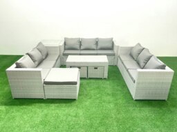 Rackhams Rattan Garden Outdoor Furniture Set 12 Seater Garden Sofa Oblong Coffee Table Set with 3 Footstools Side Table Light Grey Mixed - thumbnail 2