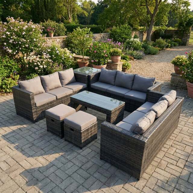 Rackhams 11 Seater Rattan Outdoor Garden Furniture Set with 3 Sofas, Coffee Table, 2 Stools & Side Table - Dark Grey - image 1
