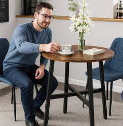 Rackhams Round Dining Table, Rustic Brown Top with Black Steel Frame, Industrial Style for Kitchen or Office - thumbnail 6