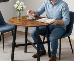 Rackhams Round Dining Table, Rustic Brown Top with Black Steel Frame, Industrial Style for Kitchen or Office