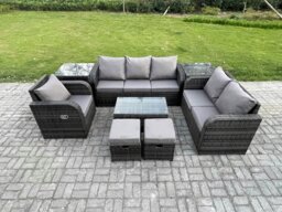 Rackhams 8-Piece Rattan Garden Furniture Set - Dark Grey Mixed Wicker Sofa Set with Rectangular Coffee Table & 2 Small Footstools - thumbnail 1