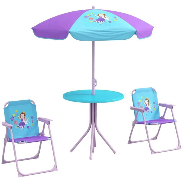Rackhams Kids Picnic Table and Chair Set, Fairy Themed Outdoor Garden Furniture w/ Foldable Chairs, Adjustable Parasol - image 1