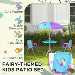 Rackhams Kids Picnic Table and Chair Set, Fairy Themed Outdoor Garden Furniture w/ Foldable Chairs, Adjustable Parasol - thumbnail 6