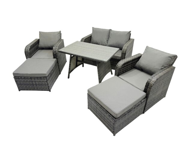 Rackhams 6 Seater Garden Outdoor Rattan Furniture Set Rattan Sofa Oblong Dining Table with 2 Big Stools Dark Grey - image 1