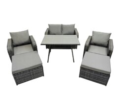Rackhams 6 Seater Garden Outdoor Rattan Furniture Set Rattan Sofa Oblong Dining Table with 2 Big Stools Dark Grey - thumbnail 2