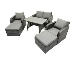 Rackhams 6 Seater Garden Outdoor Rattan Furniture Set Rattan Sofa Oblong Dining Table with 2 Big Stools Dark Grey - thumbnail 1