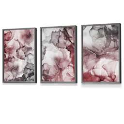 Rackhams Set of 3 Abstract Floral Fluid in Red and Grey Framed Wall Art - 42x59cm (A2) - Light Walnut - thumbnail 5