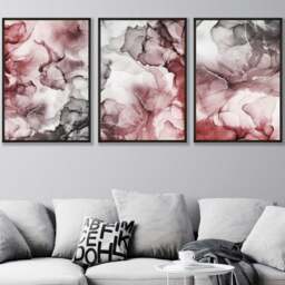 Rackhams Set of 3 Abstract Floral Fluid in Red and Grey Framed Wall Art - 42x59cm (A2) - Light Walnut - thumbnail 2